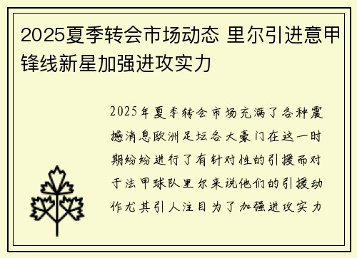 2025夏季转会市场动态 里尔引进意甲锋线新星加强进攻实力